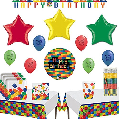 balloons and building block treat boxes. Building Block Birthday Party Table Bundle includes 16 plates,16 napkins center piece table cover 